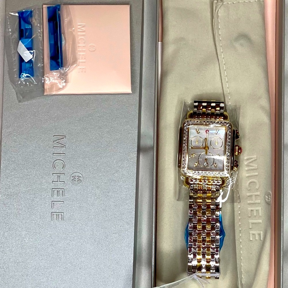 Deco Grey Mother of Pearl Chronograph Dial Diamond Michele Watch